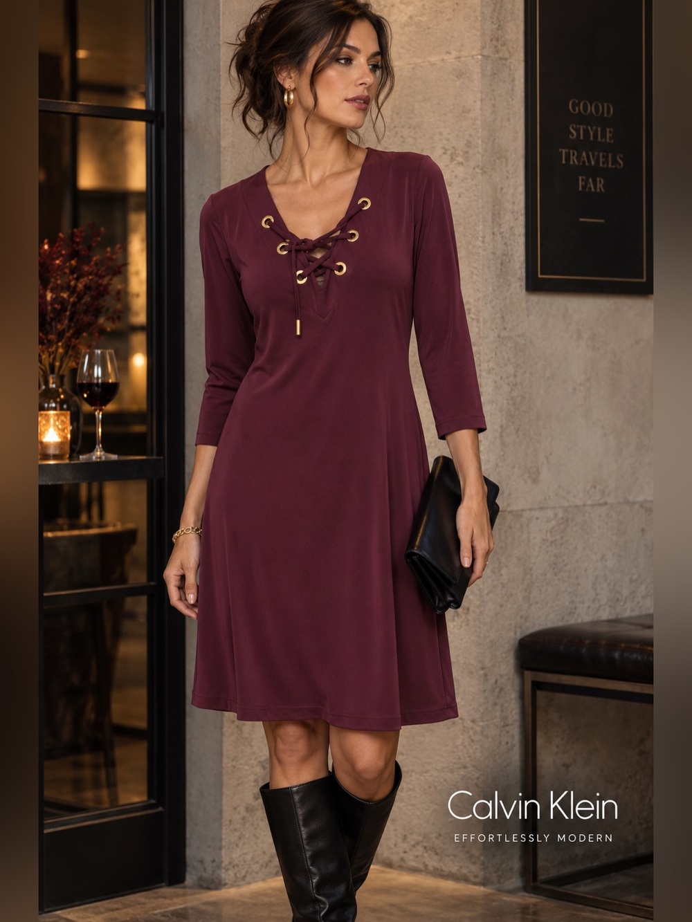 Calvin Klein Dress 8 Burgundy Wine Lace Up Gold Grommet Stretch 3/4 Sleeve Fall